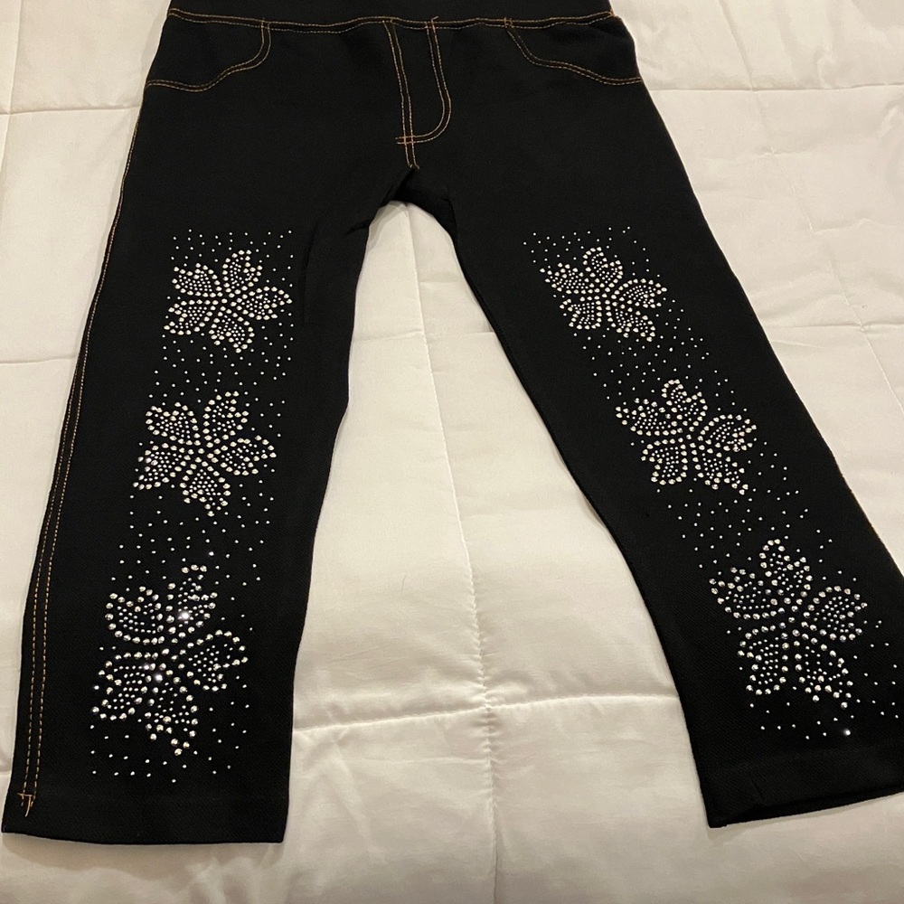 Black Rhinestone Floral Ponte Leggings